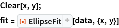 Clear[x, y];
fit = ResourceFunction[
  "EllipseFit", ResourceSystemBase -> "https://www.wolframcloud.com/obj/resourcesystem/api/1.0"][data, {x, y}]