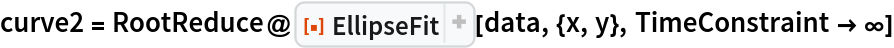 curve2 = RootReduce@
  ResourceFunction[
   "EllipseFit", ResourceSystemBase -> "https://www.wolframcloud.com/obj/resourcesystem/api/1.0"][data, {x, y}, TimeConstraint -> \[Infinity]]