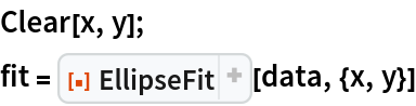 Clear[x, y];
fit = ResourceFunction[
  "EllipseFit", ResourceSystemBase -> "https://www.wolframcloud.com/obj/resourcesystem/api/1.0"][data, {x, y}]