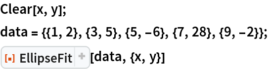Clear[x, y];
data = {{1, 2}, {3, 5}, {5, -6}, {7, 28}, {9, -2}};
ResourceFunction[
 "EllipseFit", ResourceSystemBase -> "https://www.wolframcloud.com/obj/resourcesystem/api/1.0"][data, {x, y}]