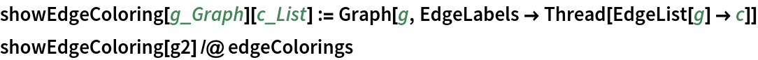 showEdgeColoring[g_Graph][c_List] := Graph[g, EdgeLabels -> Thread[EdgeList[g] -> c]]
showEdgeColoring[g2] /@ edgeColorings