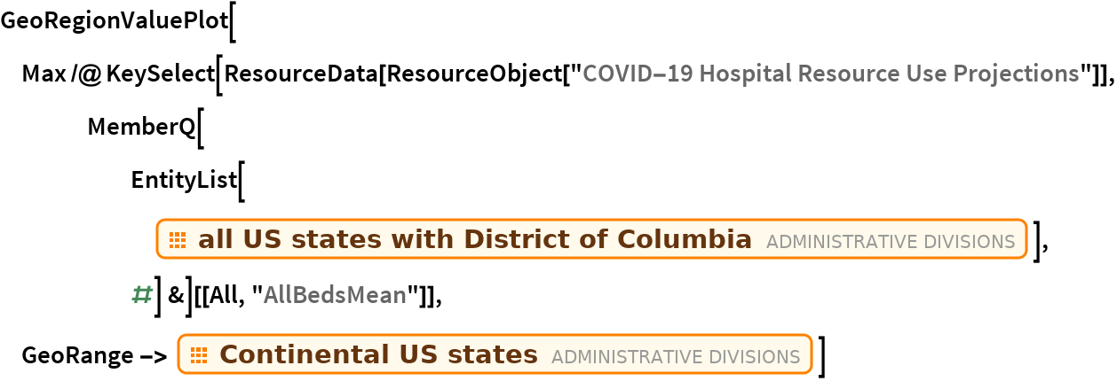 GeoRegionValuePlot[Max /@ KeySelect[ResourceData[
ResourceObject["COVID-19 Hospital Resource Use Projections"]], MemberQ[EntityList[
       EntityClass["AdministrativeDivision", "AllUSStatesPlusDC"]], #] &][[All, "AllBedsMean"]], GeoRange -> EntityClass["AdministrativeDivision", "ContinentalUSStates"]]