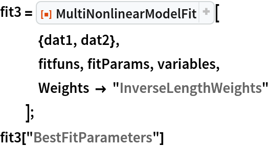 fit3 = ResourceFunction["MultiNonlinearModelFit"][
   {dat1, dat2},
   fitfuns, fitParams, variables,
   Weights -> "InverseLengthWeights"
   ];
fit3["BestFitParameters"]