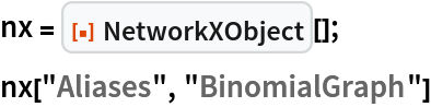 nx = ResourceFunction["NetworkXObject"][];
nx["Aliases", "BinomialGraph"]