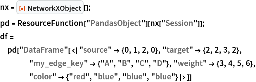 nx = ResourceFunction["NetworkXObject"][];
pd = ResourceFunction["PandasObject"][nx["Session"]];
df = pd["DataFrame"[<|"source" -> {0, 1, 2, 0}, "target" -> {2, 2, 3, 2}, "my_edge_key" -> {"A", "B", "C", "D"}, "weight" -> {3, 4, 5, 6}, "color" -> {"red", "blue", "blue", "blue"}|>]]