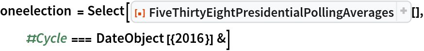 oneelection = Select[ResourceFunction[
   "FiveThirtyEightPresidentialPollingAverages", ResourceSystemBase -> "https://www.wolframcloud.com/obj/resourcesystem/api/1.0"][], #Cycle === DateObject[{2016}] &]