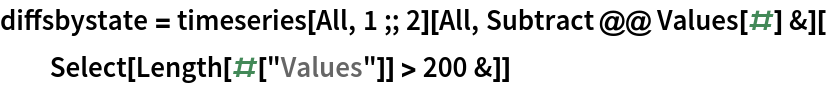 diffsbystate = timeseries[All, 1 ;; 2][All, Subtract @@ Values[#] &][
  Select[Length[#["Values"]] > 200 &]]