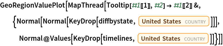 GeoRegionValuePlot[
 MapThread[
  Tooltip[#1[[1]], #2] -> #1[[2]] &, {Normal[
    Normal[KeyDrop[diffbystate, Entity["Country", "UnitedStates"]]]], Normal@Values[
     KeyDrop[timelines, Entity["Country", "UnitedStates"]]]}]]