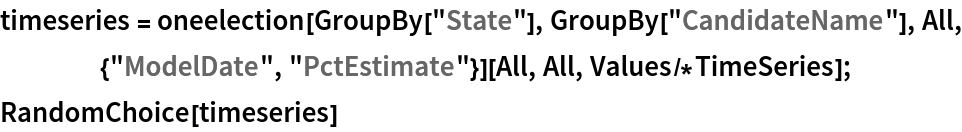 timeseries = oneelection[GroupBy["State"], GroupBy["CandidateName"], All, {"ModelDate", "PctEstimate"}][All, All, Values/*TimeSeries];
RandomChoice[timeseries]