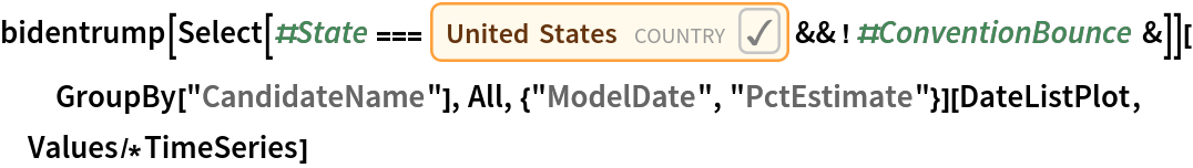 bidentrump[Select[#State === \!\(\*
NamespaceBox["LinguisticAssistant",
DynamicModuleBox[{Typeset`query$$ = "usa", Typeset`boxes$$ = TemplateBox[{"\"United States\"", 
RowBox[{"Entity", "[", 
RowBox[{"\"Country\"", ",", "\"UnitedStates\""}], "]"}], "\"Entity[\\\"Country\\\", \\\"UnitedStates\\\"]\"", "\"country\""}, "Entity"], Typeset`allassumptions$$ = {},
            Typeset`assumptions$$ = {}, Typeset`open$$ = {1, 2}, Typeset`querystate$$ = {"Online" -> True, "Allowed" -> True, "mparse.jsp" -> 1.534023, "Messages" -> {}}}, 
DynamicBox[ToBoxes[
AlphaIntegration`LinguisticAssistantBoxes["", 4, Automatic, 
Dynamic[Typeset`query$$], 
Dynamic[Typeset`boxes$$], 
Dynamic[Typeset`allassumptions$$], 
Dynamic[Typeset`assumptions$$], 
Dynamic[Typeset`open$$], 
Dynamic[Typeset`querystate$$]], StandardForm],
ImageSizeCache->{145.2265625, {7.11328125, 17.11328125}},
TrackedSymbols:>{Typeset`query$$, Typeset`boxes$$, Typeset`allassumptions$$, Typeset`assumptions$$, Typeset`open$$, Typeset`querystate$$}],
DynamicModuleValues:>{},
UndoTrackedVariables:>{Typeset`open$$}],
BaseStyle->{"Deploy"},
DeleteWithContents->True,
Editable->False,
SelectWithContents->True]\) && ! #ConventionBounce &]][
  GroupBy["CandidateName"], All, {"ModelDate", "PctEstimate"}][DateListPlot, Values/*TimeSeries]