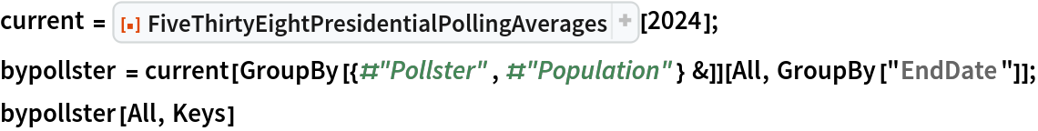 current = ResourceFunction[
   "FiveThirtyEightPresidentialPollingAverages", ResourceSystemBase -> "https://www.wolframcloud.com/obj/resourcesystem/api/1.0"][2024];
bypollster = current[GroupBy[{#"Pollster", #"Population"} &]][All, GroupBy["EndDate"]];
bypollster[All, Keys]