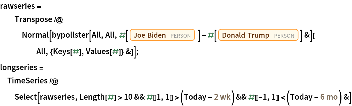 rawseries = Transpose /@ Normal[bypollster[All, All, #[Entity["Person", "JosephBiden::9g8qp"] ] - #[
         Entity["Person", "DonaldTrump::6vv3q"]] &][
     All, {Keys[#], Values[#]} &]];
longseries = TimeSeries /@ Select[rawseries, Length[#] > 10 && #[[1, 1]] > (Today - Quantity[2, "Weeks"]) && #[[-1, 1]] < (Today - Quantity[6, "Months"]) &]