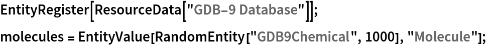 EntityRegister[ResourceData[\!\(\*
TagBox["\"\<GDB-9 Database\>\"",
#& ,
BoxID -> "ResourceTag-GDB-9 Database-Input",
AutoDelete->True]\)]]; molecules = EntityValue[RandomEntity["GDB9Chemical", 1000], "Molecule"];