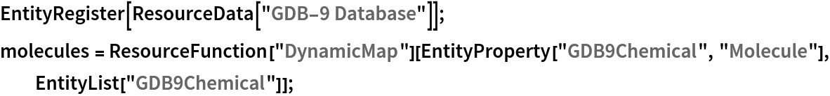 EntityRegister[ResourceData[\!\(\*
TagBox["\"\<GDB-9 Database\>\"",
#& ,
BoxID -> "ResourceTag-GDB-9 Database-Input",
AutoDelete->True]\)]]; molecules = ResourceFunction["DynamicMap"][
  EntityProperty["GDB9Chemical", "Molecule"], EntityList["GDB9Chemical"]];