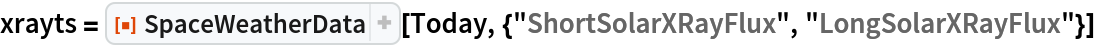 xrayts = ResourceFunction["SpaceWeatherData"][
  Today, {"ShortSolarXRayFlux", "LongSolarXRayFlux"}]