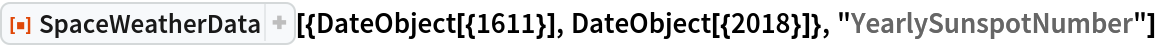 ResourceFunction["SpaceWeatherData", ResourceVersion->"3.0.0"][{DateObject[{1611}], DateObject[{2018}]}, "YearlySunspotNumber"]