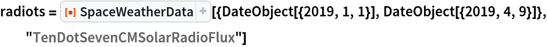 radiots = ResourceFunction["SpaceWeatherData", ResourceVersion->"3.0.0"][{DateObject[{2019, 1, 1}], DateObject[{2019, 4, 9}]}, "TenDotSevenCMSolarRadioFlux"]