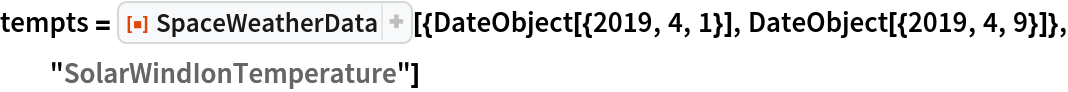 tempts = ResourceFunction["SpaceWeatherData", ResourceVersion->"3.0.0"][{DateObject[{2019, 4, 1}], DateObject[{2019, 4, 9}]}, "SolarWindIonTemperature"]