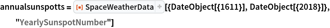 annualsunspotts = ResourceFunction["SpaceWeatherData", ResourceVersion->"3.0.0"][{DateObject[{1611}], DateObject[{2018}]}, "YearlySunspotNumber"]