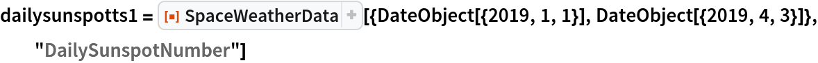 dailysunspotts1 = ResourceFunction["SpaceWeatherData", ResourceVersion->"3.0.0"][{DateObject[{2019, 1, 1}], DateObject[{2019, 4, 3}]}, "DailySunspotNumber"]