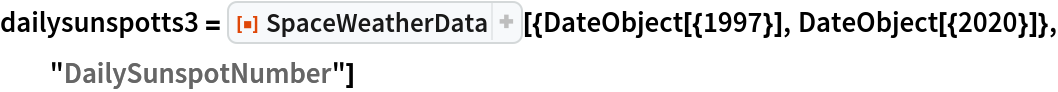 dailysunspotts3 = ResourceFunction["SpaceWeatherData", ResourceVersion->"3.0.0"][{DateObject[{1997}], DateObject[{2020}]}, "DailySunspotNumber"]