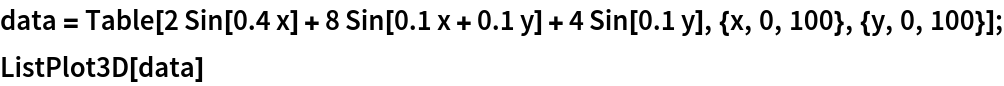 data = Table[
   2 Sin[0.4 x] + 8 Sin[0.1 x + 0.1 y] + 4 Sin[0.1 y], {x, 0, 100}, {y, 0, 100}];
ListPlot3D[data]