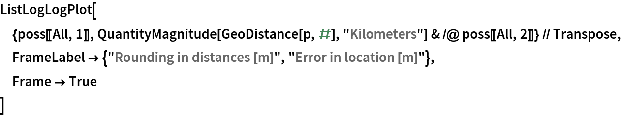 ListLogLogPlot[{poss[[All, 1]], QuantityMagnitude[GeoDistance[p, #], "Kilometers"] & /@ poss[[All, 2]]} // Transpose, FrameLabel -> {"Rounding in distances [m]", "Error in location [m]"},
 Frame -> True
 ]
