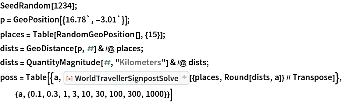 SeedRandom[1234];
p = GeoPosition[{16.78`, -3.01`}];
places = Table[RandomGeoPosition[], {15}];
dists = GeoDistance[p, #] & /@ places;
dists = QuantityMagnitude[#, "Kilometers"] & /@ dists;
poss = Table[{a, ResourceFunction["WorldTravellerSignpostSolve", ResourceVersion->"1.1.0"][{places, Round[dists, a]} // Transpose]}, {a, {0.1, 0.3, 1, 3, 10, 30, 100, 300, 1000}}]