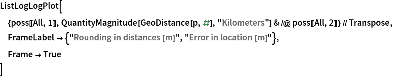 ListLogLogPlot[{poss[[All, 1]], QuantityMagnitude[GeoDistance[p, #], "Kilometers"] & /@ poss[[All, 2]]} // Transpose, FrameLabel -> {"Rounding in distances [m]", "Error in location [m]"},
 Frame -> True
 ]