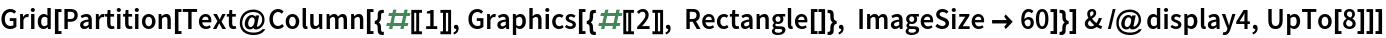 Grid[Partition[
  Text@Column[{#[[1]], Graphics[{#[[2]], Rectangle[]}, ImageSize -> 60]}] & /@ display4, UpTo[8]]]