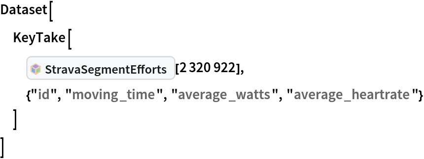 Dataset[
 KeyTake[
  InterpretationBox[FrameBox[TagBox[TooltipBox[PaneBox[GridBox[List[List[GraphicsBox[List[Thickness[0.0025`], List[FaceForm[List[RGBColor[0.9607843137254902`, 0.5058823529411764`, 0.19607843137254902`], Opacity[1.`]]], FilledCurveBox[List[List[List[0, 2, 0], List[0, 1, 0], List[0, 1, 0], List[0, 1, 0], List[0, 1, 0]], List[List[0, 2, 0], List[0, 1, 0], List[0, 1, 0], List[0, 1, 0], List[0, 1, 0]], List[List[0, 2, 0], List[0, 1, 0], List[0, 1, 0], List[0, 1, 0], List[0, 1, 0], List[0, 1, 0]], List[List[0, 2, 0], List[1, 3, 3], List[0, 1, 0], List[1, 3, 3], List[0, 1, 0], List[1, 3, 3], List[0, 1, 0], List[1, 3, 3], List[1, 3, 3], List[0, 1, 0], List[1, 3, 3], List[0, 1, 0], List[1, 3, 3]]], List[List[List[205.`, 22.863691329956055`], List[205.`, 212.31669425964355`], List[246.01799774169922`, 235.99870109558105`], List[369.0710144042969`, 307.0436840057373`], List[369.0710144042969`, 117.59068870544434`], List[205.`, 22.863691329956055`]], List[List[30.928985595703125`, 307.0436840057373`], List[153.98200225830078`, 235.99870109558105`], List[195.`, 212.31669425964355`], List[195.`, 22.863691329956055`], List[30.928985595703125`, 117.59068870544434`], List[30.928985595703125`, 307.0436840057373`]], List[List[200.`, 410.42970085144043`], List[364.0710144042969`, 315.7036876678467`], List[241.01799774169922`, 244.65868949890137`], List[200.`, 220.97669792175293`], List[158.98200225830078`, 244.65868949890137`], List[35.928985595703125`, 315.7036876678467`], List[200.`, 410.42970085144043`]], List[List[376.5710144042969`, 320.03370475769043`], List[202.5`, 420.53370475769043`], List[200.95300006866455`, 421.42667961120605`], List[199.04699993133545`, 421.42667961120605`], List[197.5`, 420.53370475769043`], List[23.428985595703125`, 320.03370475769043`], List[21.882003784179688`, 319.1406993865967`], List[20.928985595703125`, 317.4896984100342`], List[20.928985595703125`, 315.7036876678467`], List[20.928985595703125`, 114.70369529724121`], List[20.928985595703125`, 112.91769218444824`], List[21.882003784179688`, 111.26669120788574`], List[23.428985595703125`, 110.37369346618652`], List[197.5`, 9.87369155883789`], List[198.27300024032593`, 9.426692008972168`], List[199.13700008392334`, 9.203690528869629`], List[200.`, 9.203690528869629`], List[200.86299991607666`, 9.203690528869629`], List[201.72699999809265`, 9.426692008972168`], List[202.5`, 9.87369155883789`], List[376.5710144042969`, 110.37369346618652`], List[378.1179962158203`, 111.26669120788574`], List[379.0710144042969`, 112.91769218444824`], List[379.0710144042969`, 114.70369529724121`], List[379.0710144042969`, 315.7036876678467`], List[379.0710144042969`, 317.4896984100342`], List[378.1179962158203`, 319.1406993865967`], List[376.5710144042969`, 320.03370475769043`]]]]], List[FaceForm[List[RGBColor[0.5529411764705883`, 0.6745098039215687`, 0.8117647058823529`], Opacity[1.`]]], FilledCurveBox[List[List[List[0, 2, 0], List[0, 1, 0], List[0, 1, 0], List[0, 1, 0]]], List[List[List[44.92900085449219`, 282.59088134765625`], List[181.00001525878906`, 204.0298843383789`], List[181.00001525878906`, 46.90887451171875`], List[44.92900085449219`, 125.46986389160156`], List[44.92900085449219`, 282.59088134765625`]]]]], List[FaceForm[List[RGBColor[0.6627450980392157`, 0.803921568627451`, 0.5686274509803921`], Opacity[1.`]]], FilledCurveBox[List[List[List[0, 2, 0], List[0, 1, 0], List[0, 1, 0], List[0, 1, 0]]], List[List[List[355.0710144042969`, 282.59088134765625`], List[355.0710144042969`, 125.46986389160156`], List[219.`, 46.90887451171875`], List[219.`, 204.0298843383789`], List[355.0710144042969`, 282.59088134765625`]]]]], List[FaceForm[List[RGBColor[0.6901960784313725`, 0.5882352941176471`, 0.8117647058823529`], Opacity[1.`]]], FilledCurveBox[List[List[List[0, 2, 0], List[0, 1, 0], List[0, 1, 0], List[0, 1, 0]]], List[List[List[200.`, 394.0606994628906`], List[336.0710144042969`, 315.4997024536133`], List[200.`, 236.93968200683594`], List[63.928985595703125`, 315.4997024536133`], List[200.`, 394.0606994628906`]]]]]], List[Rule[BaselinePosition, Scaled[0.15`]], Rule[ImageSize, 10], Rule[ImageSize, 15]]], StyleBox[RowBox[List["StravaSegmentEfforts", " "]], Rule[ShowAutoStyles, False], Rule[ShowStringCharacters, False], Rule[FontSize, Times[0.9`, Inherited]], Rule[FontColor, GrayLevel[0.1`]]]]], Rule[GridBoxSpacings, List[Rule["Columns", List[List[0.25`]]]]]], Rule[Alignment, List[Left, Baseline]], Rule[BaselinePosition, Baseline], Rule[FrameMargins, List[List[3, 0], List[0, 0]]], Rule[BaseStyle, List[Rule[LineSpacing, List[0, 0]], Rule[LineBreakWithin, False]]]], RowBox[List["PacletSymbol", "[", RowBox[List["\"JosephBrennan/StravaLink\"", ",", "\"JosephBrennan`StravaLink`StravaSegmentEfforts\""]], "]"]], Rule[TooltipStyle, List[Rule[ShowAutoStyles, True], Rule[ShowStringCharacters, True]]]], Function[Annotation[Slot[1], Style[Defer[PacletSymbol["JosephBrennan/StravaLink", "JosephBrennan`StravaLink`StravaSegmentEfforts"]], Rule[ShowStringCharacters, True]], "Tooltip"]]], Rule[Background, RGBColor[0.968`, 0.976`, 0.984`]], Rule[BaselinePosition, Baseline], Rule[DefaultBaseStyle, List[]], Rule[FrameMargins, List[List[0, 0], List[1, 1]]], Rule[FrameStyle, RGBColor[0.831`, 0.847`, 0.85`]], Rule[RoundingRadius, 4]], PacletSymbol["JosephBrennan/StravaLink", "JosephBrennan`StravaLink`StravaSegmentEfforts"], Rule[Selectable, False], Rule[SelectWithContents, True], Rule[BoxID, "PacletSymbolBox"]][2320922],
  {"id", "moving_time", "average_watts", "average_heartrate"}
  ]
 ]