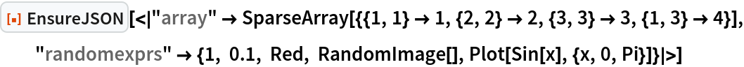 ResourceFunction[
 "EnsureJSON"][<|
  "array" -> SparseArray[{{1, 1} -> 1, {2, 2} -> 2, {3, 3} -> 3, {1, 3} -> 4}], "randomexprs" -> {1, 0.1, Red, RandomImage[], Plot[Sin[x], {x, 0, Pi}]}|>]