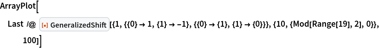 ArrayPlot[
 Last /@ ResourceFunction[
   "GeneralizedShift"][{1, {{0} -> 1, {1} -> -1}, {{0} -> {1}, {1} -> {0}}}, {10, {Mod[Range[19], 2], 0}}, 100]] 