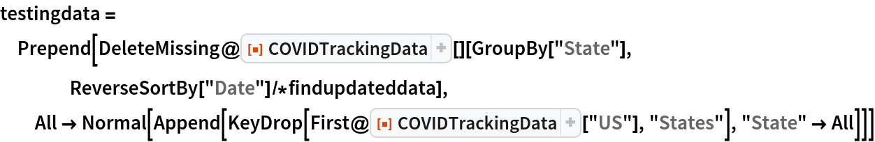 testingdata = Prepend[DeleteMissing@
   ResourceFunction["COVIDTrackingData"][][GroupBy["State"], ReverseSortBy["Date"]/*findupdateddata],
  All -> Normal[
    Append[KeyDrop[First@ResourceFunction["COVIDTrackingData"]["US"], "States"], "State" -> All]]]