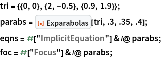 tri = {{0, 0}, {2, -0.5}, {0.9, 1.9}};
parabs = ResourceFunction["Exparabolas"][tri, .3, .35, .4];
eqns = #["ImplicitEquation"] & /@ parabs;
foc = #["Focus"] & /@ parabs;