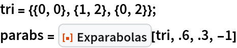 tri = {{0, 0}, {1, 2}, {0, 2}};
parabs = ResourceFunction["Exparabolas"][tri, .6, .3, -1]