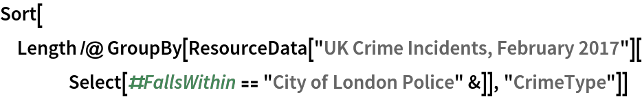 Sort[Length /@ GroupBy[ResourceData["UK Crime Incidents, February 2017"][
    Select[#FallsWithin == "City of London Police" &]], "CrimeType"]]