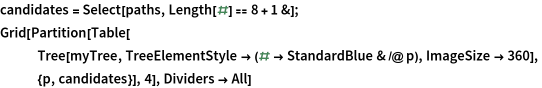 candidates = Select[paths, Length[#] == 8 + 1 &];
Grid[Partition[Table[
   Tree[myTree, TreeElementStyle -> (# -> StandardBlue & /@ p), ImageSize -> 360],
   {p, candidates}], 4], Dividers -> All]