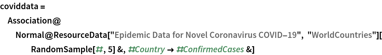 coviddata = Association@Normal@ResourceData[\!\(\*
TagBox["\"\<Epidemic Data for Novel Coronavirus COVID-19\>\"",
#& ,
BoxID -> "ResourceTag-Epidemic Data for Novel Coronavirus COVID-19-Input",
AutoDelete->True]\), "WorldCountries"][
    RandomSample[#, 5] &, #Country -> #ConfirmedCases &]