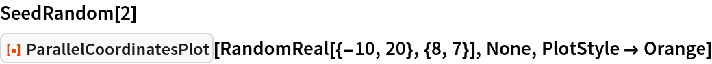 SeedRandom[2]
ResourceFunction["ParallelCoordinatesPlot"][
 RandomReal[{-10, 20}, {8, 7}], None, PlotStyle -> Orange]
