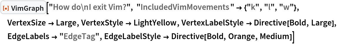 ResourceFunction["VimGraph"]["How do\nI exit Vim?", "IncludedVimMovements" -> {"k", "l", "w"}, VertexSize -> Large, VertexStyle -> LightYellow, VertexLabelStyle -> Directive[Bold, Large], EdgeLabels -> "EdgeTag", EdgeLabelStyle -> Directive[Bold, Orange, Medium]] 