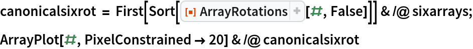 canonicalsixrot = First[Sort[ResourceFunction["ArrayRotations"][#, False]]] & /@ sixarrays;
ArrayPlot[#, PixelConstrained -> 20] & /@ canonicalsixrot