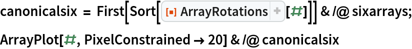 canonicalsix = First[Sort[ResourceFunction["ArrayRotations"][#]]] & /@ sixarrays;
ArrayPlot[#, PixelConstrained -> 20] & /@ canonicalsix
