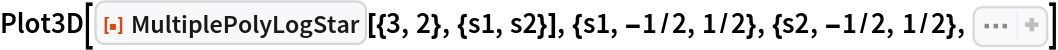 Plot3D[ResourceFunction[
  "MultiplePolyLogStar"][{3, 2}, {s1, s2}], {s1, -1/2, 1/2}, {s2, -1/2, 1/2}, Sequence[
 PlotRange -> All, ColorFunction -> "AlpineColors", ColorFunctionScaling -> False, Mesh -> 12, MeshStyle -> Directive[White, 
Opacity[0.25]], Lighting -> "Neutral", BoxRatios -> {1, 1, 0.6}, AxesLabel -> Map[Style[#, 12, 
GrayLevel[0.25]]& , {"s1", "s2"}], LabelStyle -> Directive[
GrayLevel[0.2], 12], ImageMargins -> 10, ImagePadding -> 20, ClippingStyle -> None]]