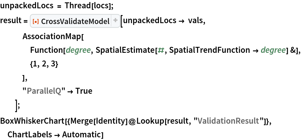 unpackedLocs = Thread[locs];
result = ResourceFunction[
   "CrossValidateModel", ResourceSystemBase -> "https://www.wolframcloud.com/obj/resourcesystem/api/1.0"][unpackedLocs -> vals,
   AssociationMap[
    Function[degree, SpatialEstimate[#, SpatialTrendFunction -> degree] &],
    {1, 2, 3}
    ],
   "ParallelQ" -> True
   ];
BoxWhiskerChart[{Merge[Identity]@Lookup[result, "ValidationResult"]}, ChartLabels -> Automatic]