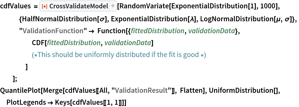 cdfValues = ResourceFunction["CrossValidateModel"][
   RandomVariate[ExponentialDistribution[1], 1000],
   {HalfNormalDistribution[\[Sigma]], ExponentialDistribution[\[Lambda]], LogNormalDistribution[\[Mu], \[Sigma]]},
   "ValidationFunction" -> Function[{fittedDistribution, validationData},
     CDF[fittedDistribution, validationData] (*This should be uniformly distributed if the fit is good *)
     ]
   ];
QuantilePlot[Merge[cdfValues[[All, "ValidationResult"]], Flatten], UniformDistribution[], PlotLegends -> Keys[cdfValues[[1, 1]]]]