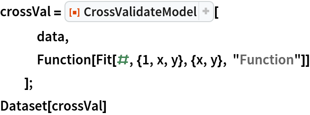 crossVal = ResourceFunction["CrossValidateModel"][
   data,
   Function[Fit[#, {1, x, y}, {x, y}, "Function"]]
   ];
Dataset[crossVal]