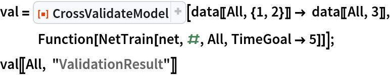 val = ResourceFunction["CrossValidateModel"][
   data[[All, {1, 2}]] -> data[[All, 3]], Function[NetTrain[net, #, All, TimeGoal -> 5]]];
val[[All, "ValidationResult"]]