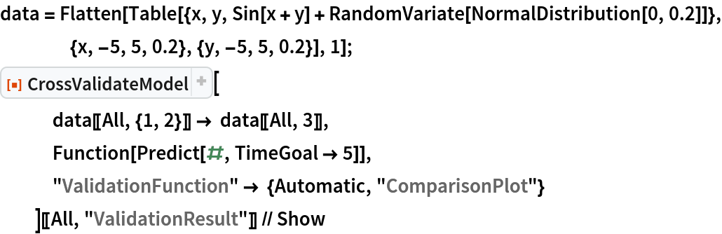 data = Flatten[
   Table[{x, y, Sin[x + y] + RandomVariate[NormalDistribution[0, 0.2]]}, {x, -5, 5, 0.2}, {y, -5, 5, 0.2}], 1];
ResourceFunction["CrossValidateModel"][
   data[[All, {1, 2}]] -> data[[All, 3]],
   Function[Predict[#, TimeGoal -> 5]],
   "ValidationFunction" -> {Automatic, "ComparisonPlot"}
   ][[All, "ValidationResult"]] // Show