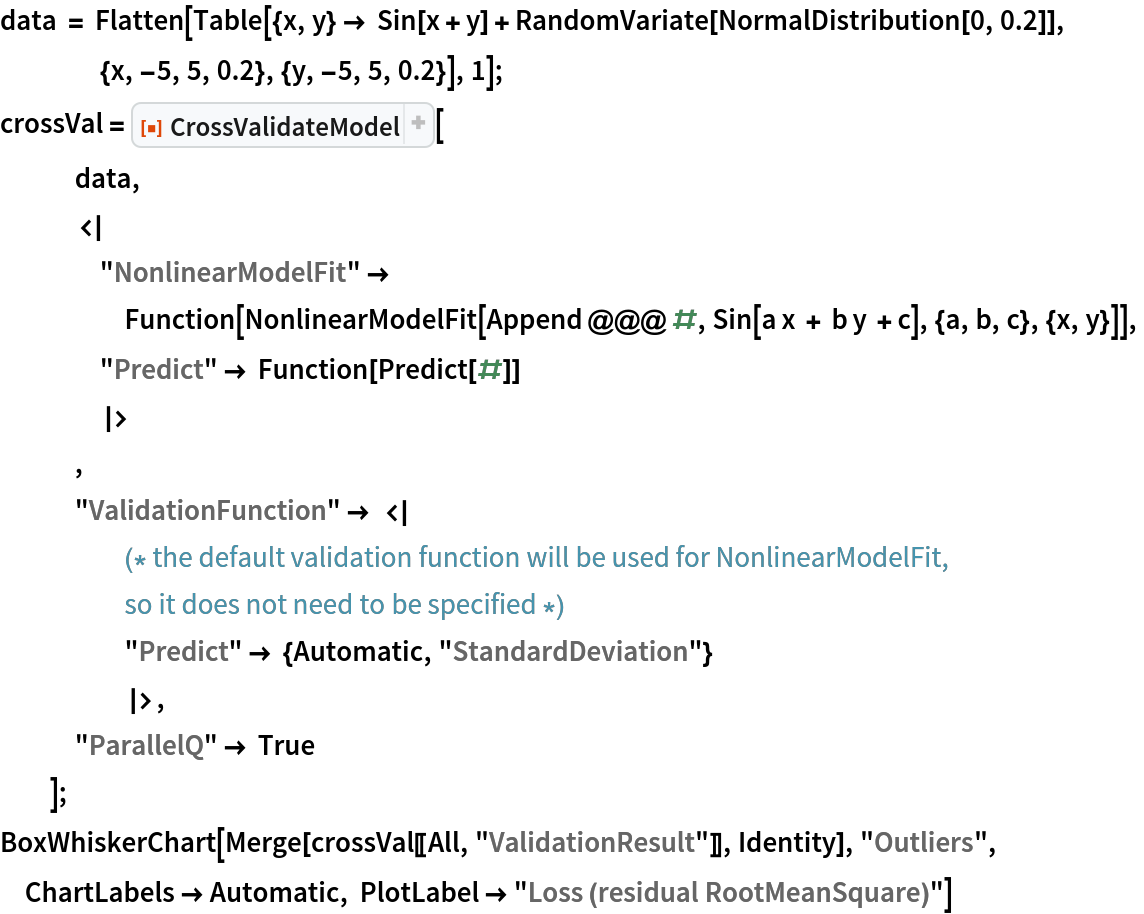 data = Flatten[
   Table[{x, y} -> Sin[x + y] + RandomVariate[NormalDistribution[0, 0.2]], {x, -5, 5, 0.2}, {y, -5, 5, 0.2}], 1];
crossVal = ResourceFunction["CrossValidateModel"][
   data,
   <|
    "NonlinearModelFit" -> Function[
      NonlinearModelFit[Append @@@ #, Sin[a x + b y + c], {a, b, c}, {x, y}]],
    "Predict" -> Function[Predict[#]]
    |>
   ,
   "ValidationFunction" -> <|
     (* the default validation function will be used for NonlinearModelFit, so it does not need to be specified *)
     "Predict" -> {Automatic, "StandardDeviation"}
     |>,
   "ParallelQ" -> True
   ];
BoxWhiskerChart[
 Merge[crossVal[[All, "ValidationResult"]], Identity], "Outliers", ChartLabels -> Automatic, PlotLabel -> "Loss (residual RootMeanSquare)"]
